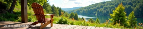 Relaxing Adirondack chair on wooden deck overlooking scenic view , brown, patio