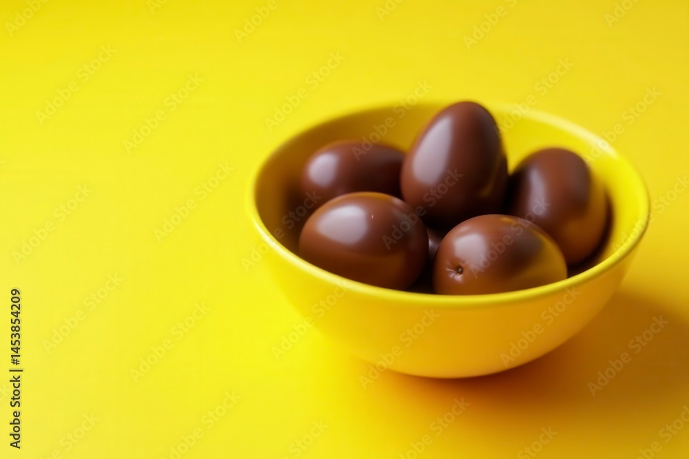 Several chocolate Easter eggs nestled in a sunny yellow bowl , eggs, colorful, celebration Several chocolate Easter eggs nestled in a sunny yellow bowl , eggs, colorful, celebration