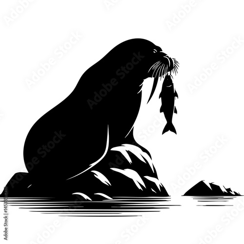 Walrus Catching Fish: A Black and White Illustration