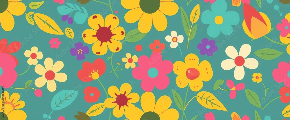 Seamless vector floral pattern featuring cheerful cartoon flowers and leaves, ideal for fabric print, design, trendy Seamless vector floral pattern featuring cheerful cartoon flowers and leaves, ideal for fabric print, design, trendy