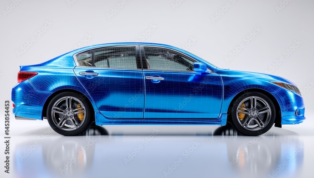 Blue Transparent Car with Wireframe Hologram Design Blue Transparent Car with Wireframe Hologram Design