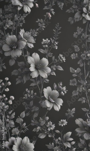 Delicate charcoal grey floral wallpaper, intricate small blooms, bloom, apartment