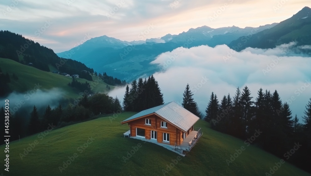 Fototapeta premium Alpine Cabin in Swiss Mountains with Cloudy Peaks