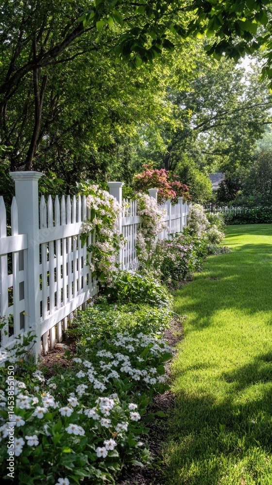 Fototapeta premium White picket fence bordered by lush greenery and sunlight.