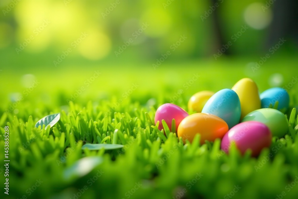 Brightly colored Easter eggs scattered across a lush green lawn , picture, nature, grass Brightly colored Easter eggs scattered across a lush green lawn , picture, nature, grass