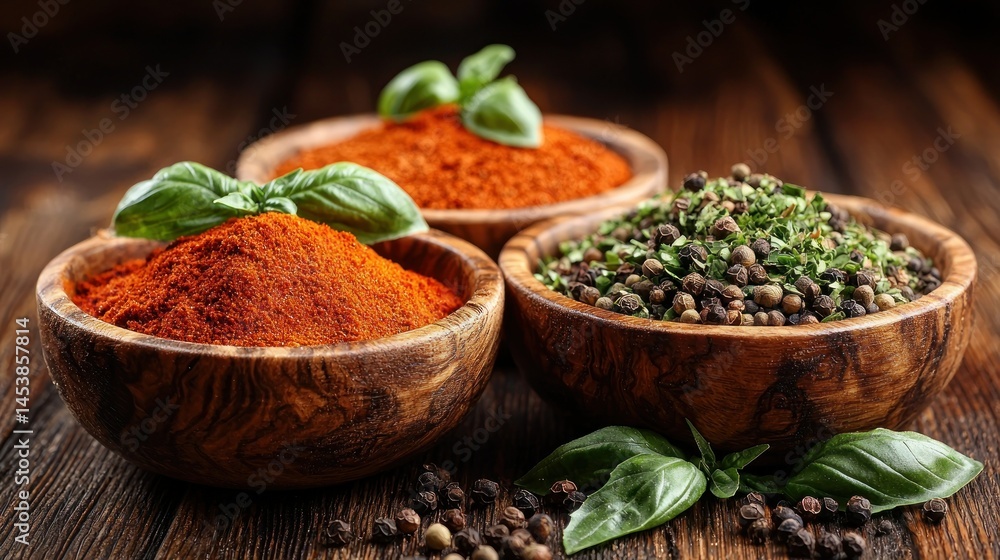 Wooden bowls of vibrant spices on a rustic wooden table. Fresh herbs and peppercorns are visible Wooden bowls of vibrant spices on a rustic wooden table. Fresh herbs and peppercorns are visible