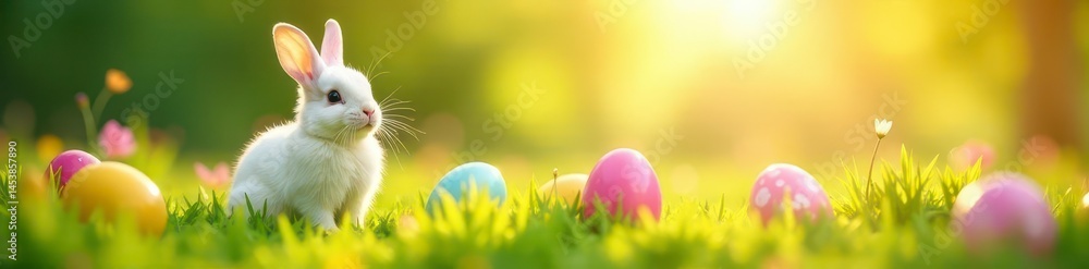 Obraz premium Cheerful rabbits amidst colorful eggs in a sun-drenched field , idyllic, spring