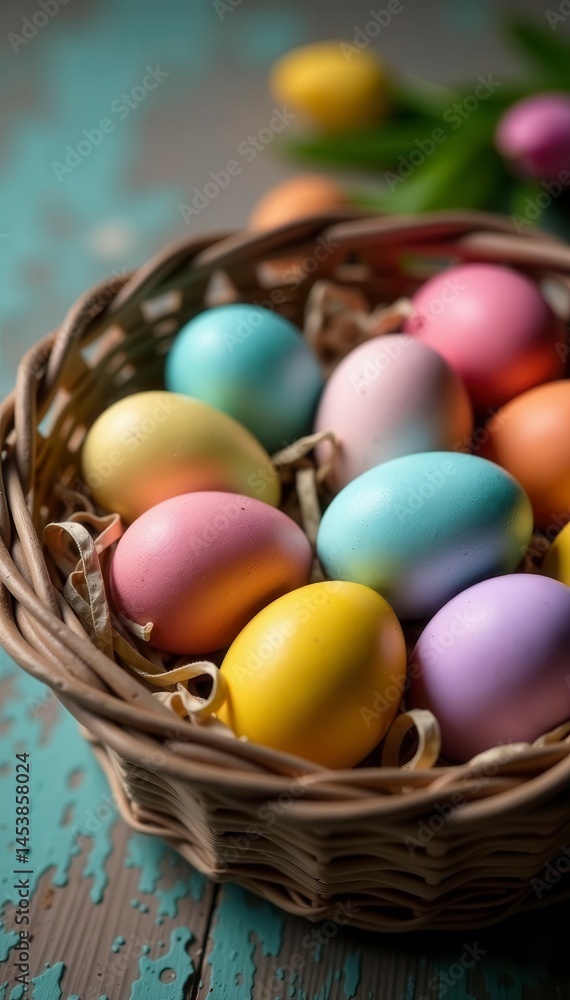 Close-up of colorful Easter eggs in rustic basket , floral, pastel Close-up of colorful Easter eggs in rustic basket , floral, pastel