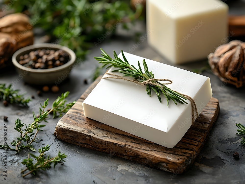 A slab of cheese garnished with fresh herbs on a wooden board long title A simple yet elegant arrangement featuring a rectangular slab of creamy A slab of cheese garnished with fresh herbs on a wooden board long title A simple yet elegant arrangement featuring a rectangular slab of creamy