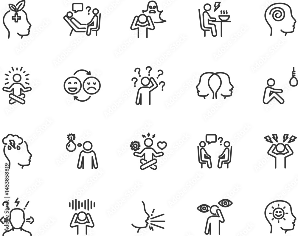 Fototapeta premium Vector set of mental health line icons. Contains icons stress, depression, paranoia, bipolar, dementia, ptsd, eating disorders, multiple personalities, psychotherapy and more. Pixel perfect.