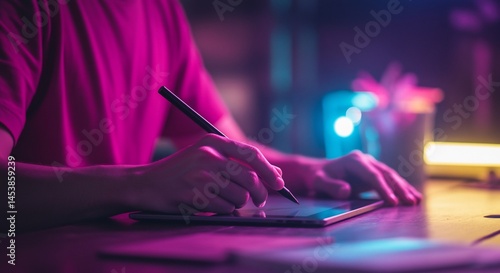 Digital Artist Drawing On Tablet With Stylus In Neon Light