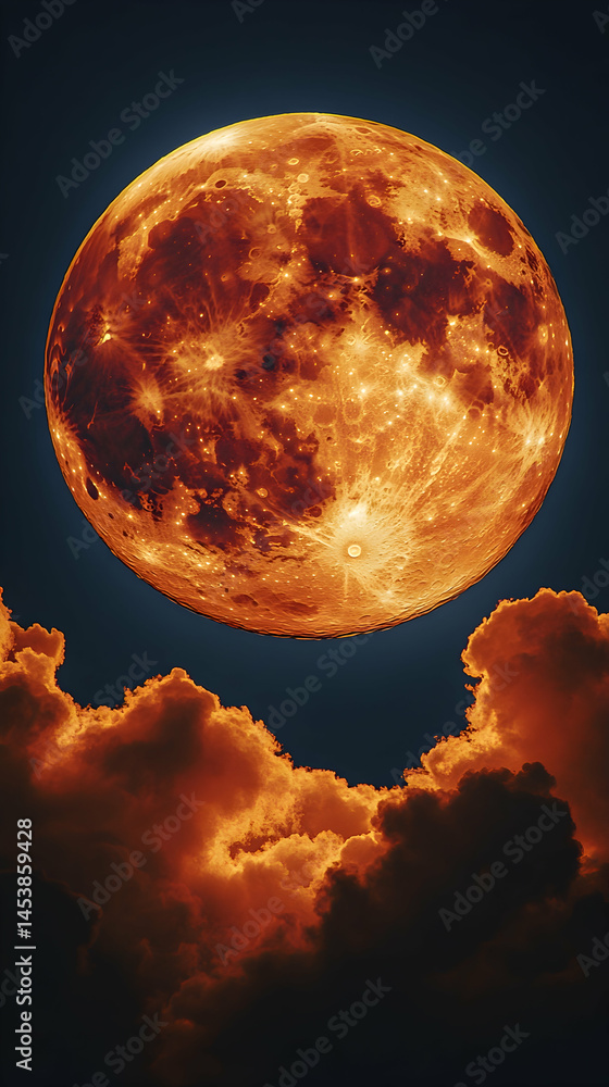 Obraz premium A fiery full moon hangs low in the sky, casting an orange glow on the clouds below