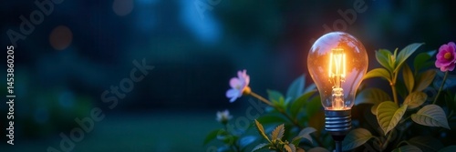 Bright LED garden bulb, blue night ambiance, softly blurred background , decor, soft focus