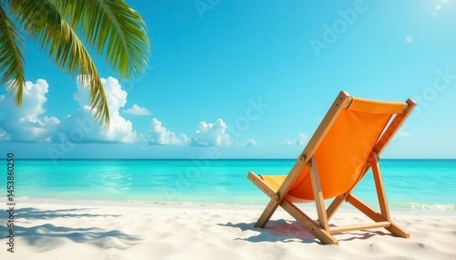 Bright orange beach chair, wooden frame, blue sky backdrop, coastal, sea, warm