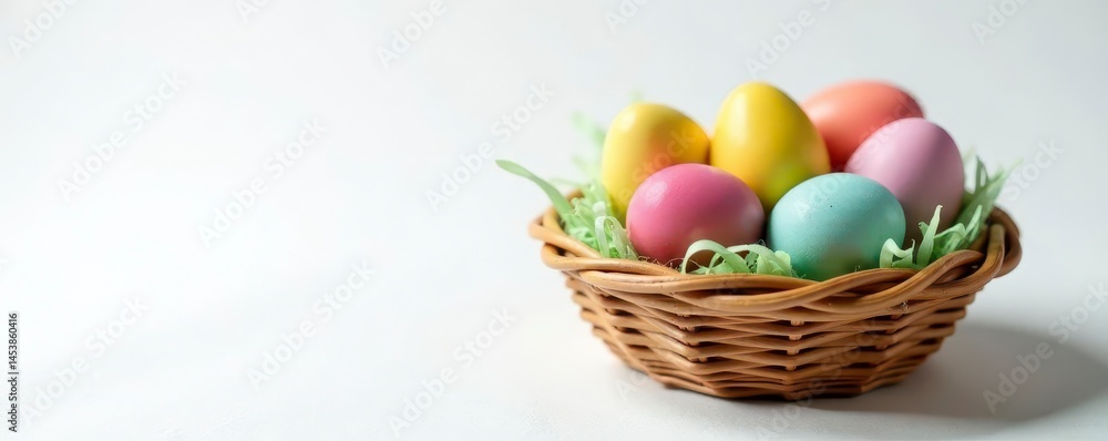 Colorful Easter eggs nestled in woven basket on pristine white , basket, dye Colorful Easter eggs nestled in woven basket on pristine white , basket, dye