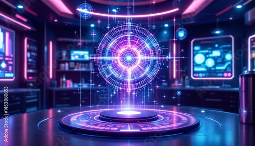 Futuristic Technology Hub With Glowing Holographic Circle And Neon Lighting
