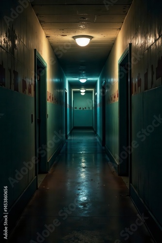 Distressed wallpaper, faint light; ominous hallway, peeling, horror, dark