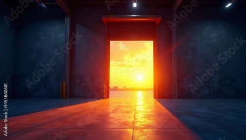 Dramatic sunset casts long shadows across open warehouse doors , clouds, light