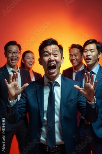 Furious Asian business team gesturing angrily at failed project, frustration, colleagues, career