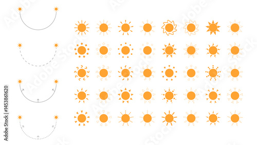 architecture site analysis symbol icon element drawing graphic flat isolated vector. architecture element line sun wind sound sun path vegetation.