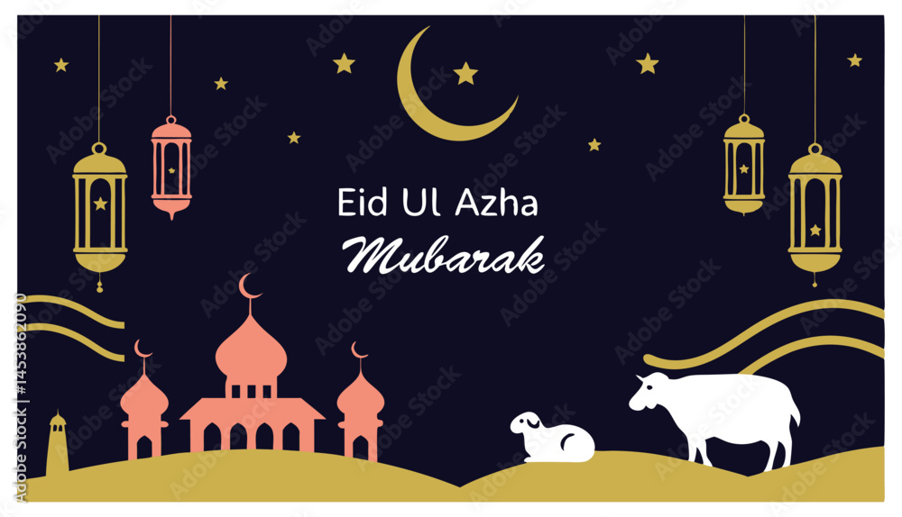 Naklejka premium Cute Eid Mubarak Cartoon Illustration with Sheep, Mosque, and Lanterns with vector design
