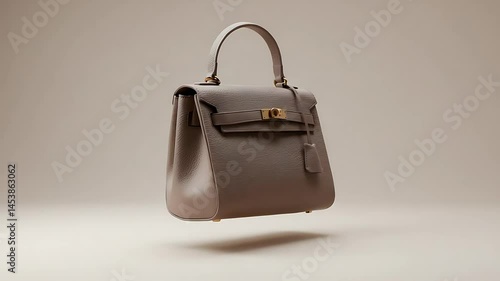 Elegant gray handbag floating in a minimalist studio setting with soft lighting and neutral backdrop