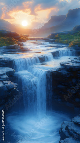 Serene waterfall cascading down rocky cliffs at sunset creating a breathtaking scene of natures beauty  Golden hour l