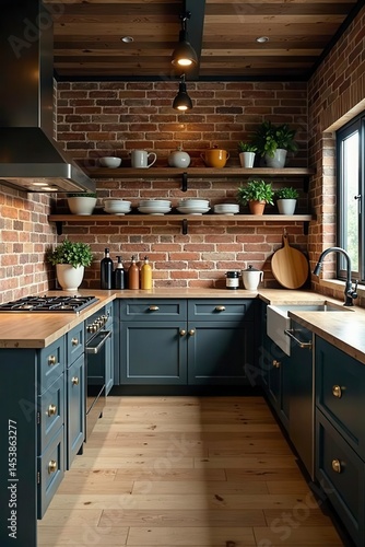 Industrial chic kitchen, exposed brick, metallic finishes, open shelving, hotel, design