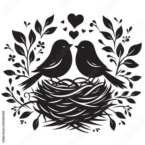 Two Birds in Love Nestled Together in a Bird Nest Surrounded by Spring Flowers and Hearts