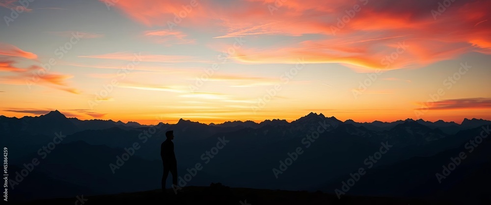 Fototapeta premium Silhouette of a lone figure against a majestic mountain range at sunset, peaceful, sky