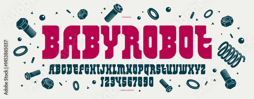 Logo typography minimal geometric display font, vector typeface in robotic futuristic comic cartoon style, alphabet letters and numbers typography for posters and headlines.