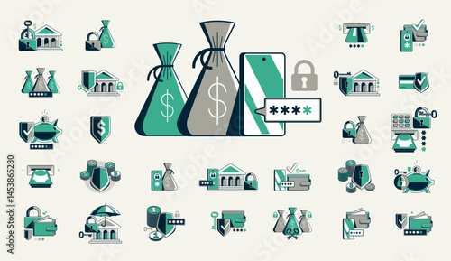 Financial safety vector detailed icons set, secured account and transaction, protected finance money.