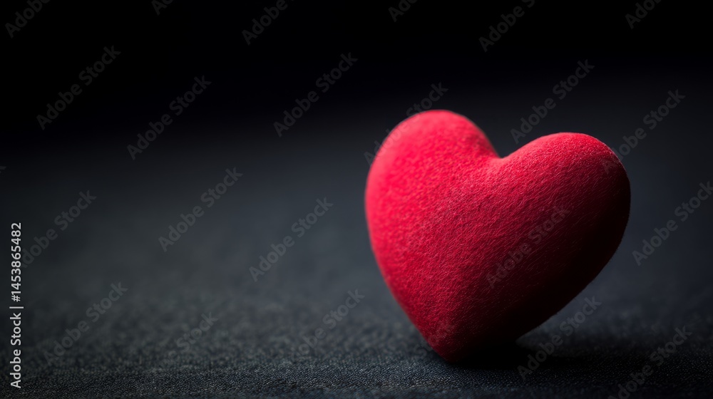 Fototapeta premium Red heart shape on black background, soft ambient lighting, f/2.8, minimalistic and emotional composition.