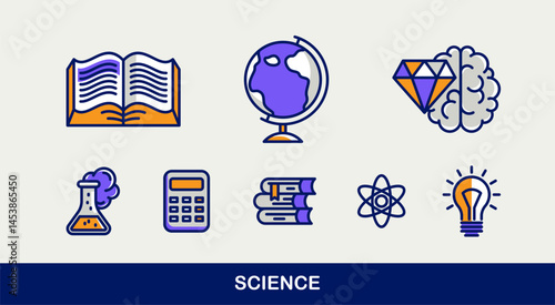 Science vector icons set, physics and chemistry, mathematics and geography, research and experiments.
