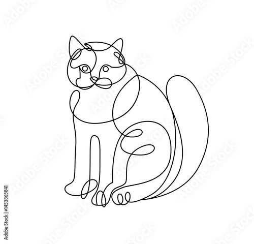 Nice cute cat linear vector illustration, line art drawing of pussycat relaxing, artistic outline minimal sketch of fat and lazy cat.
