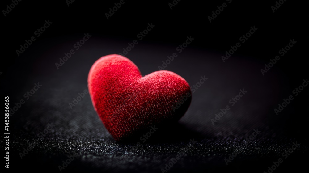 Obraz premium Red heart shape on black background, soft ambient lighting, f/2.8, minimalistic and emotional composition.