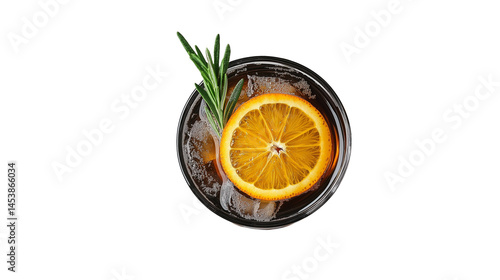 Cold brew coffee with orange slice and rosemary, cinematic summer vibe, top view, PNG