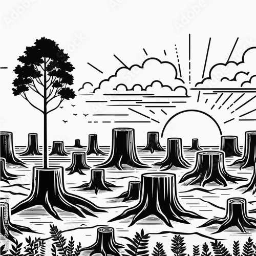 Black and White SVG of Deforestation Scene