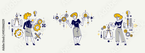 Mechanic engineer working on a draft plan vector illustration set, inventor or repair job, engineering machine industry, system technician.