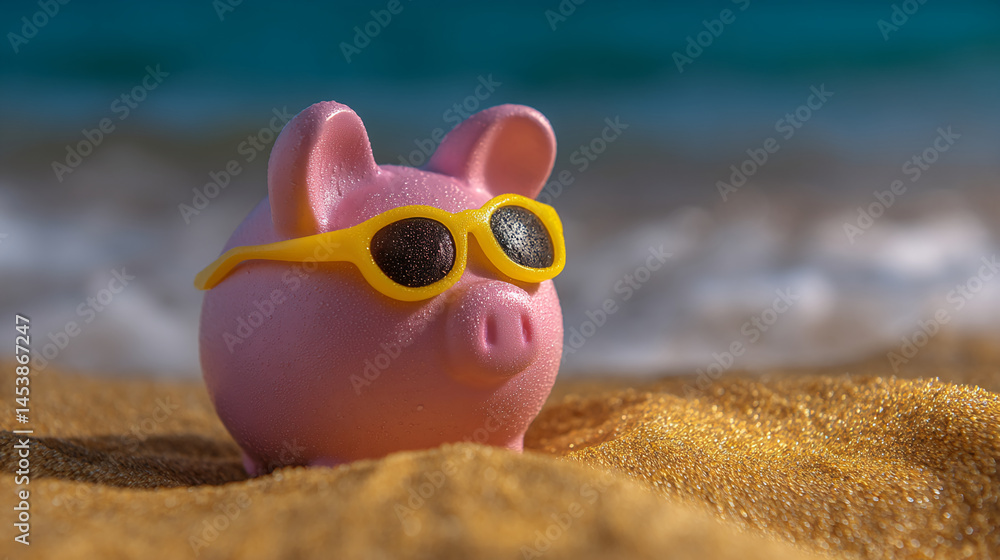 Obraz premium Pink piggy bank wearing yellow sunglasses sits on golden sand near ocean waves, symbolizing saving for summer vacation or financial security