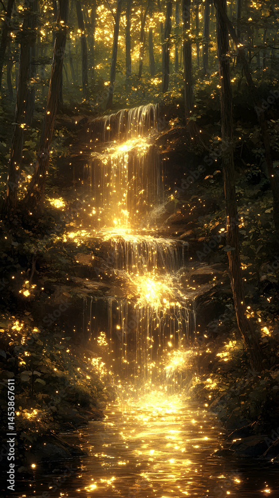 Naklejka premium Golden waterfall cascades through a lush forest its waters shimmering with magical light creating an ethereal and ench
