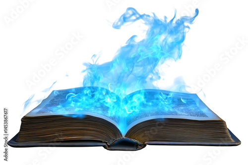 Open book with magical blue smoke emanating on transparent background