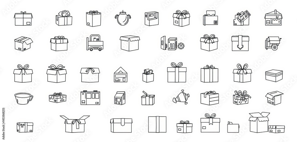 Thin vector icons depicting various boxes; cardboard, gift, shipping, package, etc in black and white, industry, box Thin vector icons depicting various boxes; cardboard, gift, shipping, package, etc in black and white, industry, box