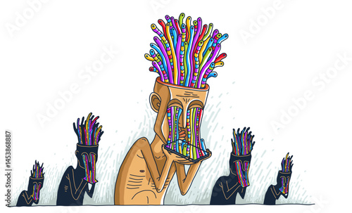 Mobile phone internet addiction, vector illustration of addicted man holding a phone with worms growing from it, brain damaging and degradation.