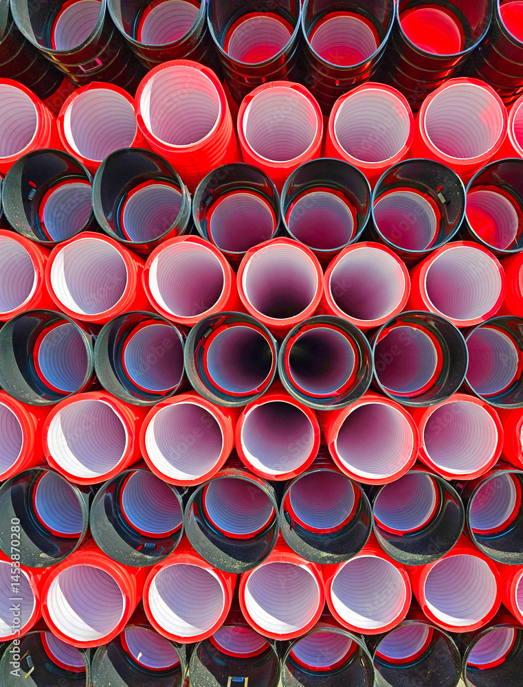 red and black plastic pipes stacked in a row, closeup of photo