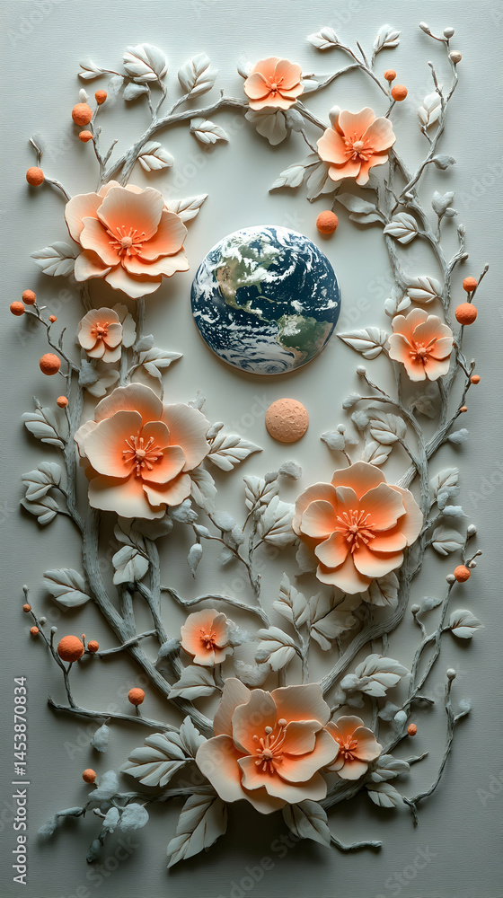 Naklejka premium A 3D artwork of a globe surrounded by delicate peach blossoms and intricate branches