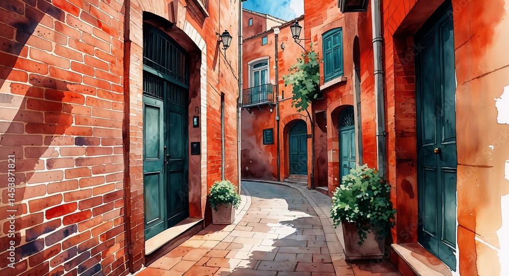Fototapeta premium Quiet alleyway in an old city with brick walls on watercolor earthy reds and browns