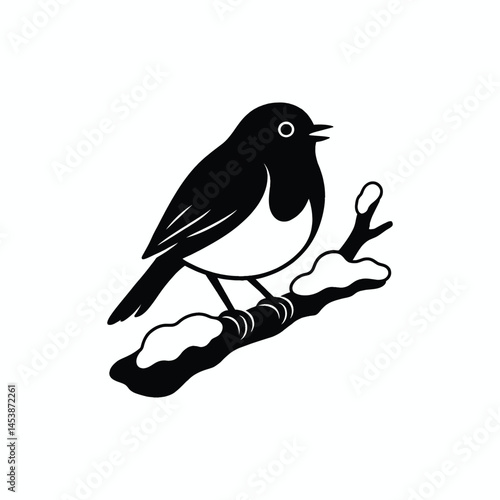 Bird perched on a tree branch, silhouette of a bullfinch and raven with wings spread, nature illustration, winter scene, black birds, cartoon style, wildlife art