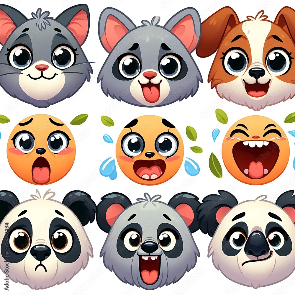 Fototapeta premium Charming Collection of Adorable Pet Characters – Sweet Puppy, Bunny, and Cats in Kawaii Style for Use in Stationery, Toys, and Kid-Friendly Projects.