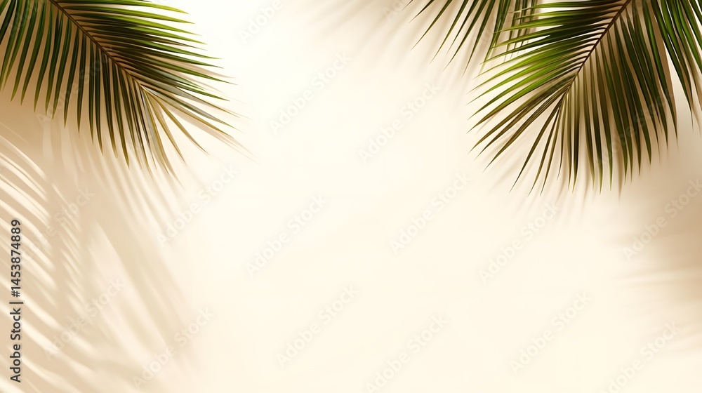 Fototapeta premium Tropical leaf shadows on a light beige background.